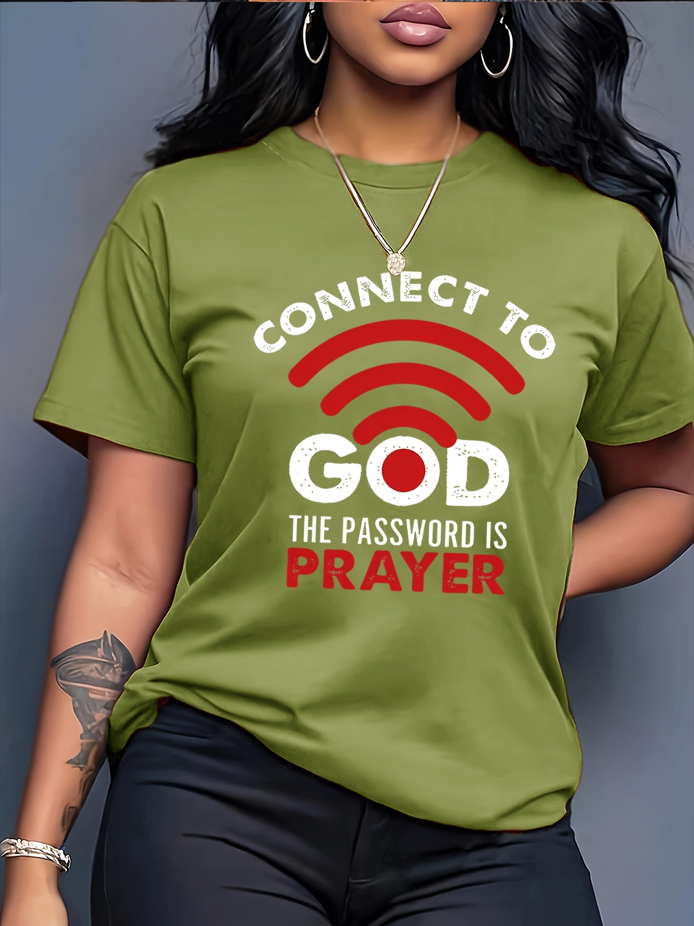 Women'S Casual Crew Neck T-Shirt with "Connect to God, The Password is Prayer" Print, Polyester 100%, Knit Fabric, 180g/m², All Seasons